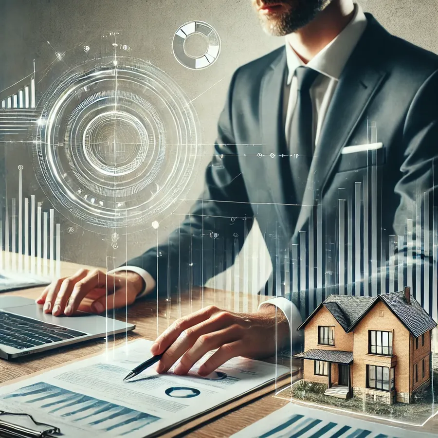 Real estate consultant analyzing property valuation reports with charts, documents, and a laptop in a modern office setting.