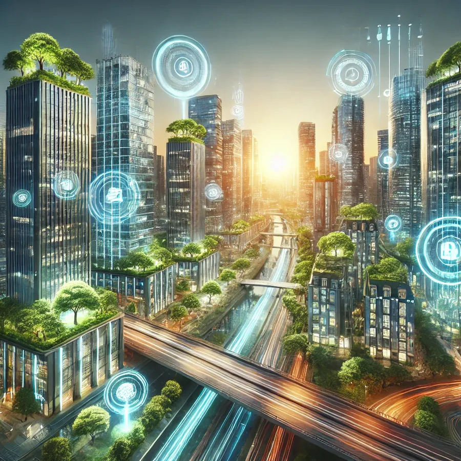 Futuristic cityscape with eco-friendly buildings, green rooftops, and smart infrastructure representing real estate trends in 2024.