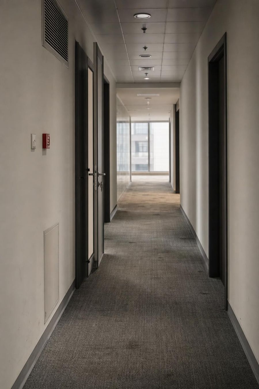 A corridor in a working office building in Dubai, looking toward daylight at the far end