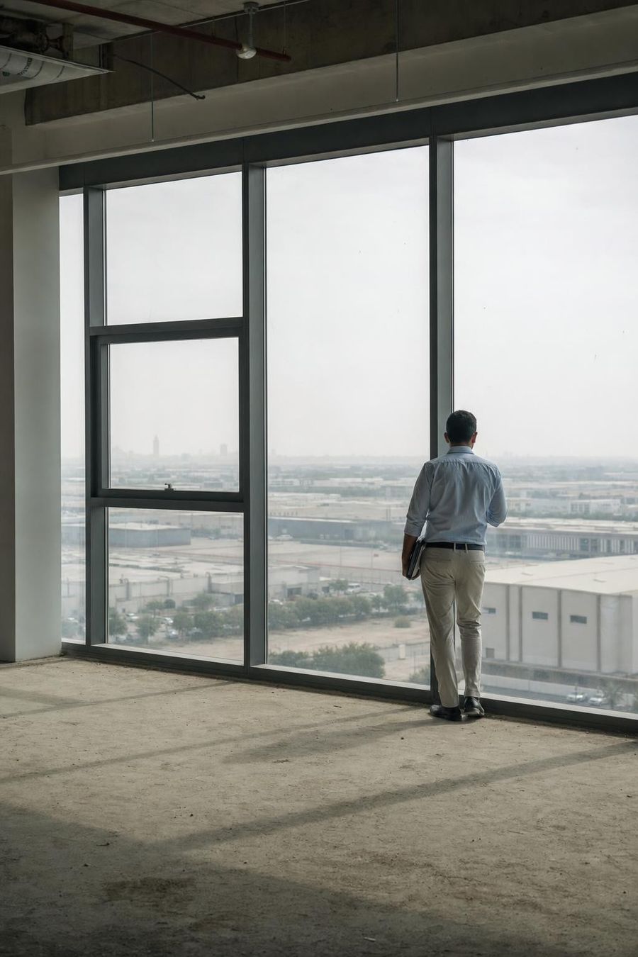 A surveyor at a window on an unfitted upper floor, looking out across a low-rise Dubai district
