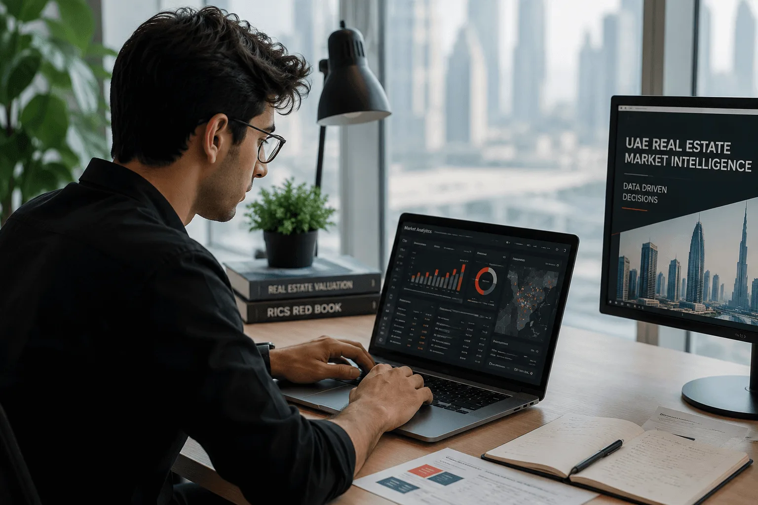 Young real estate professionals in Dubai using technology, analytics and advisory tools in a modern office environment