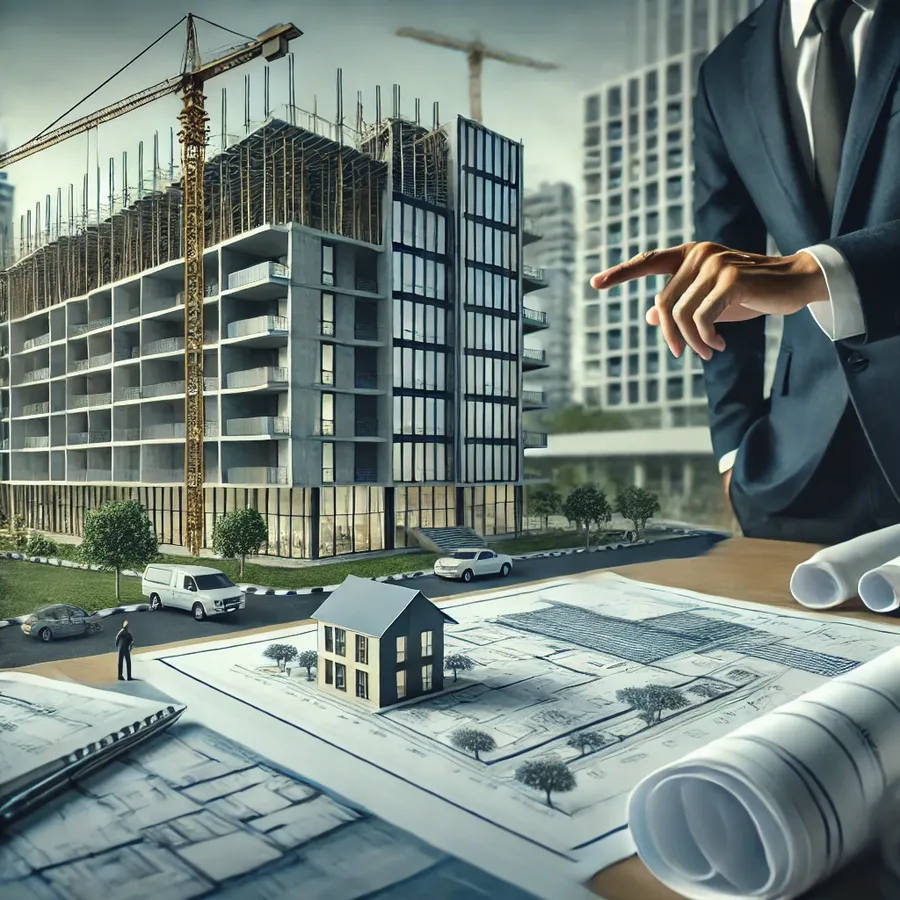 Dubai real estate surveyor and consultant inspecting a building site with blueprints and construction elements as part of core building valuation & advisory consultancy services