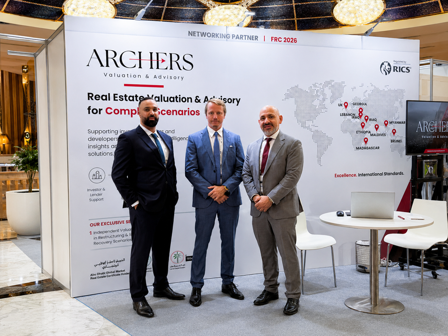 Rus Kolinko and two Archers colleagues in front of the Archers Networking Partner stand at FRC 2026, Abu Dhabi