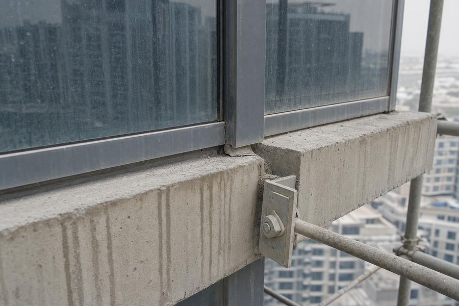 A close inspection of a curtain-wall joint at a concrete slab edge, photographed from scaffold level