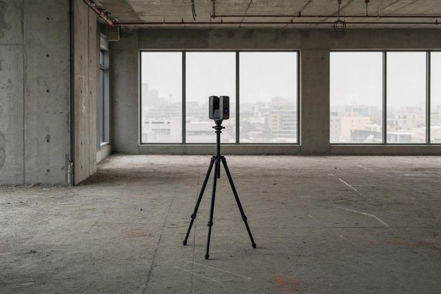 A tripod-mounted laser scanner surveying an empty concrete floor plate