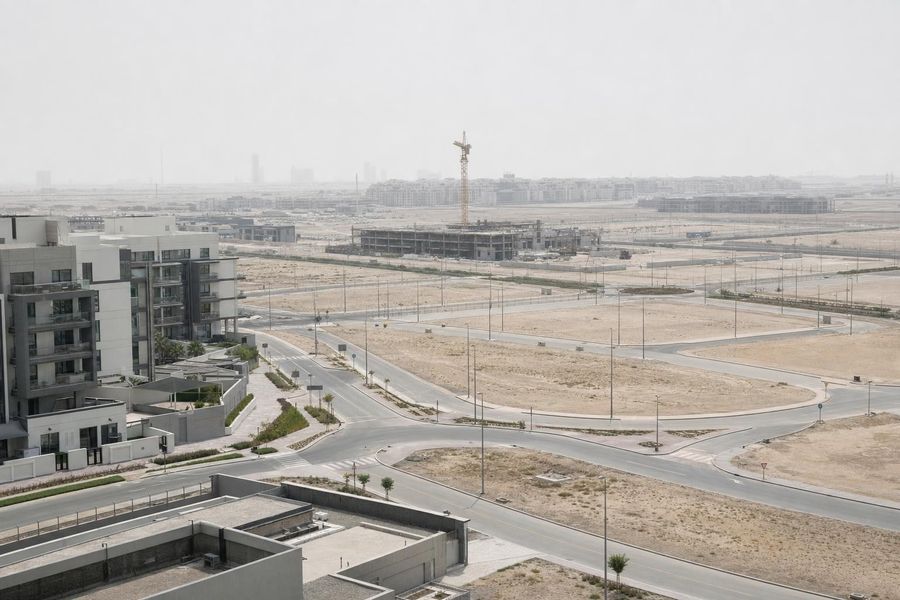 A part-built masterplanned district on the edge of Dubai, roads and services laid out across graded plots
